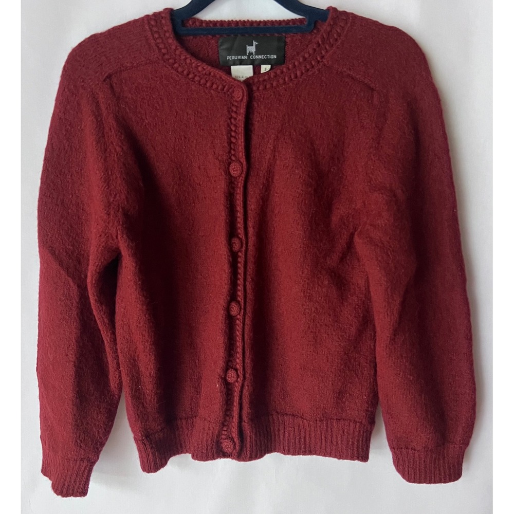 Peruvian Connection Burgundy 100 Alpaca Knit Cardigan Sweater Women's Size S‎